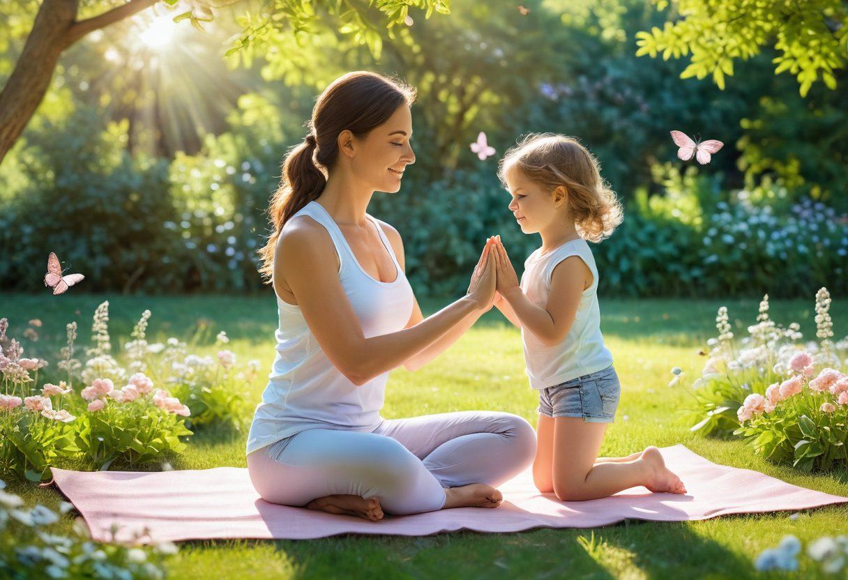 A serene mother joyfully engaging with her playful child in a sunlit park, surrounded by blooming flowers and butterflies, showcasing a bond of love and mindfulness. The mother is practicing yoga while the child plays nearby, embodying harmony and cheerfulness in parenting. Soft pastel colors and a dreamy atmosphere enhance the feeling of tranquility. super-realistic. vibrant colors. warm sunlight.