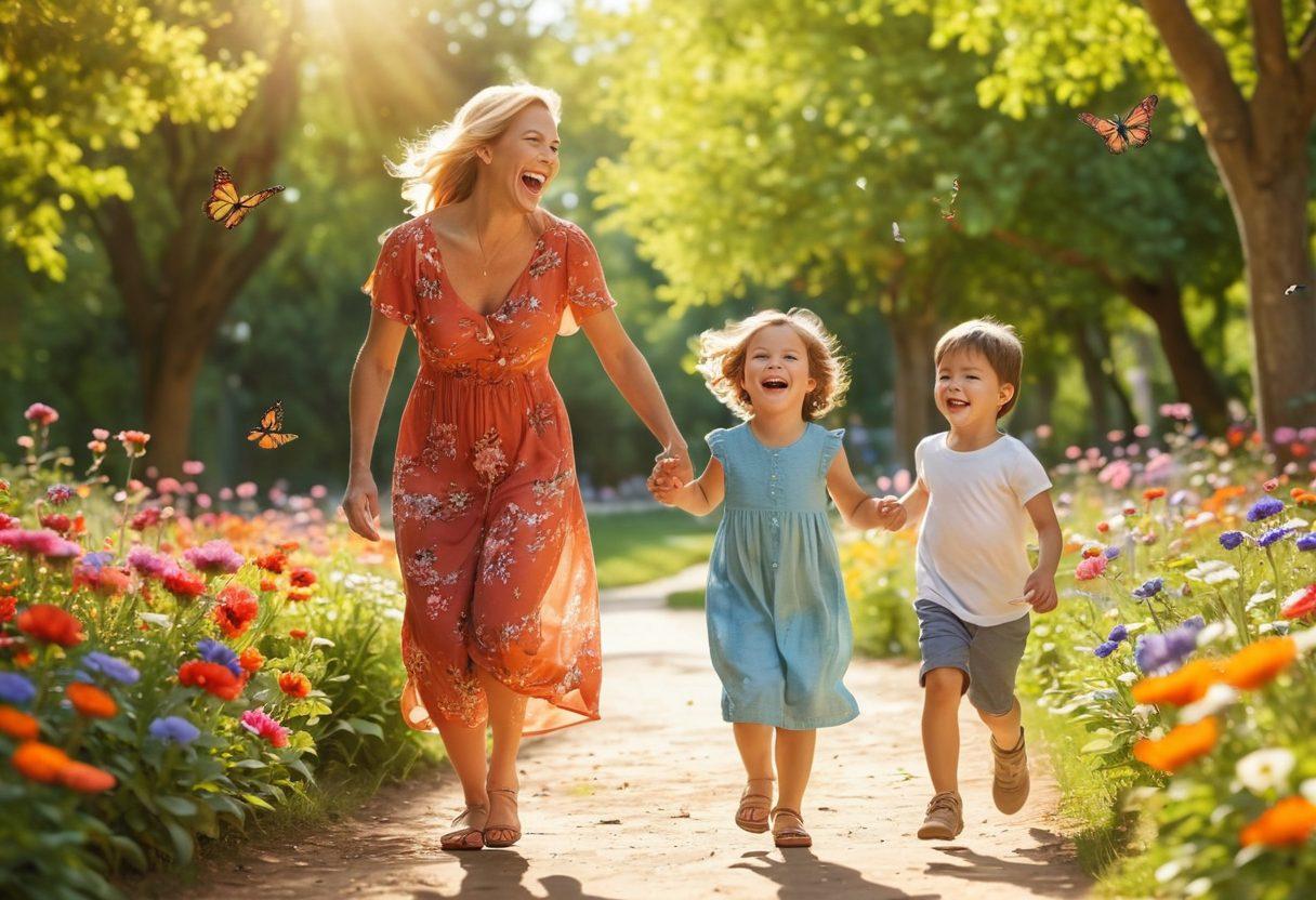 A warm and inviting scene depicting a joyful mother playing with her children in a sunlit park, surrounded by blooming flowers and butterflies. The mother is laughing, radiating happiness while her children are gleefully running around. Include bright colors that evoke a sense of happiness and peace. super-realistic. vibrant colors. soft focus.