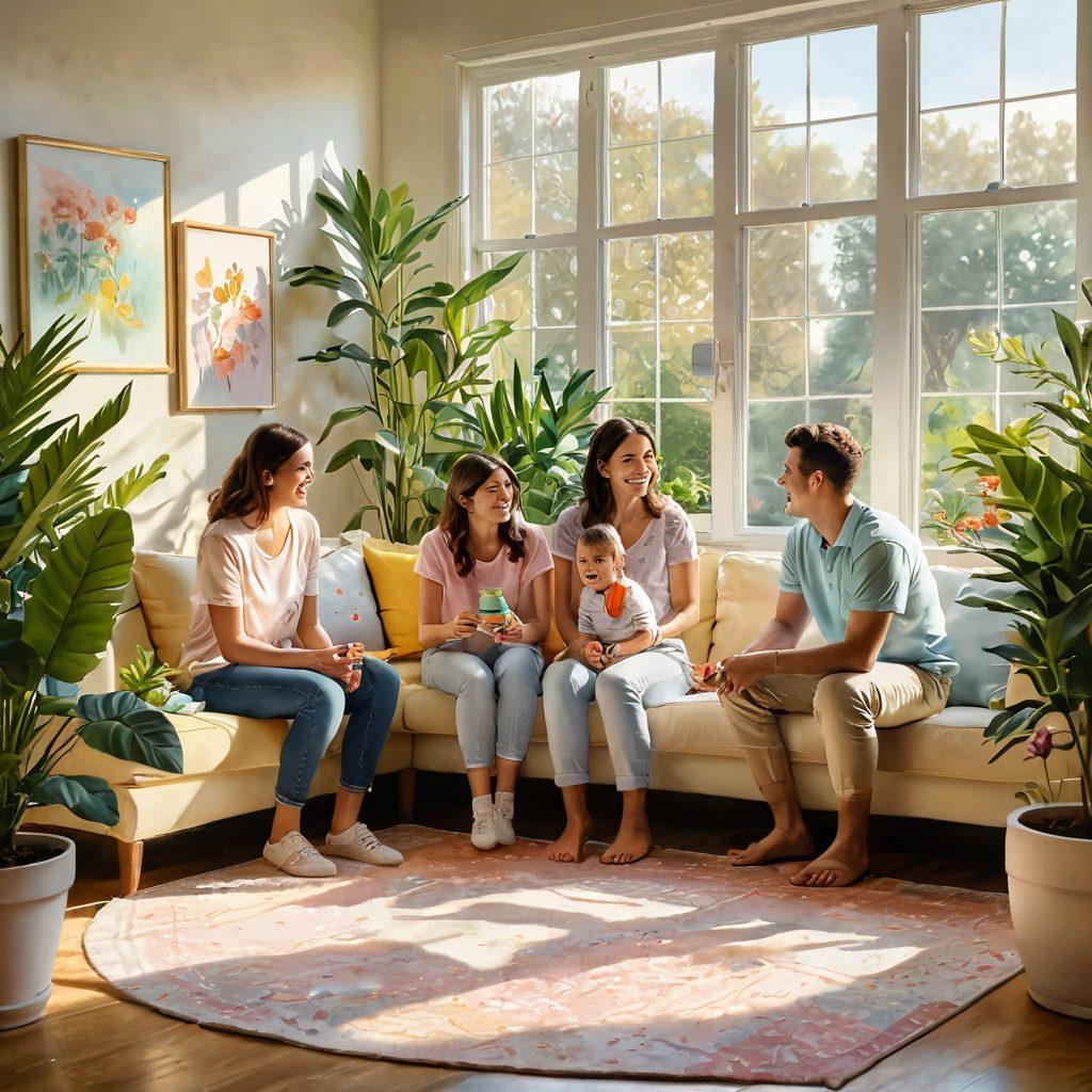 A serene family gathering in a sunlit living room, showcasing joyful parents and children playing games together, surrounded by indoor plants and colorful decor. The warm sunlight filters through large windows, illuminating smiles and laughter, with a cozy ambiance. Gentle pastel hues enhance the nurturing atmosphere. painting. vibrant colors.